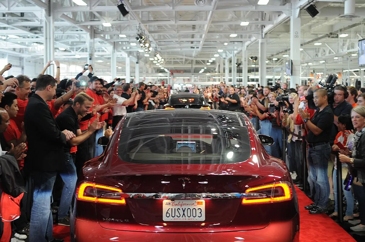 Tesla Model S Parade during first deliveries to retail customers at Tesla Factory in Fremont, California.
