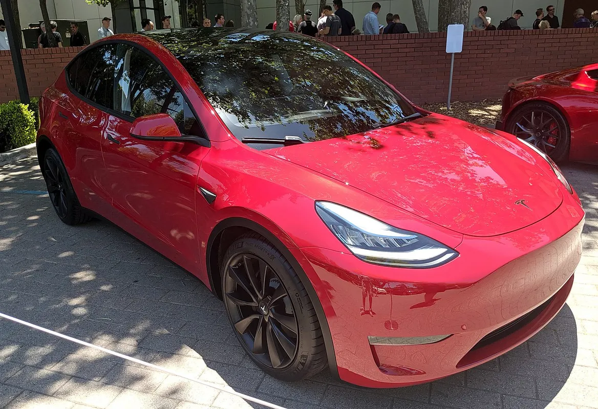 Tesla Model Y front passenger side view, taken at investor conference